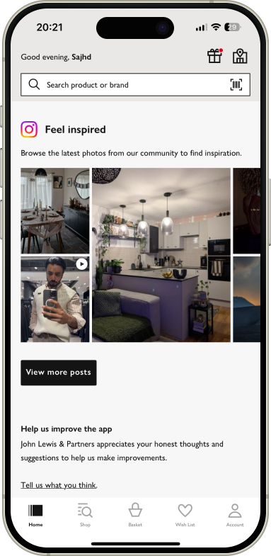 A UI design of the John Lewis App homescreen