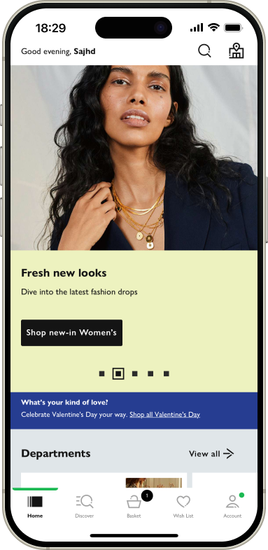 A UI design of the John Lewis & Partners homescreen