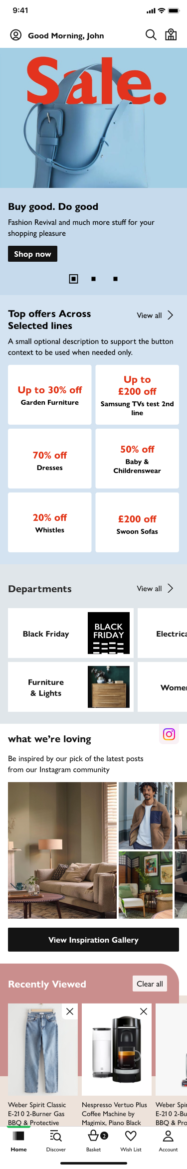 A UI design of the John Lewis App homescreen