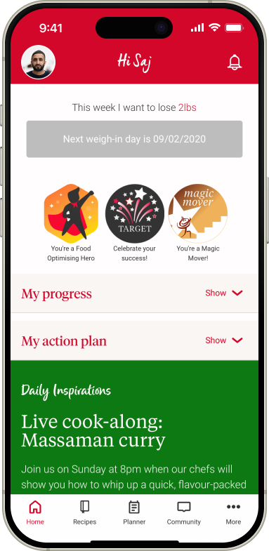 A UI design of the Slimming World App homescreen